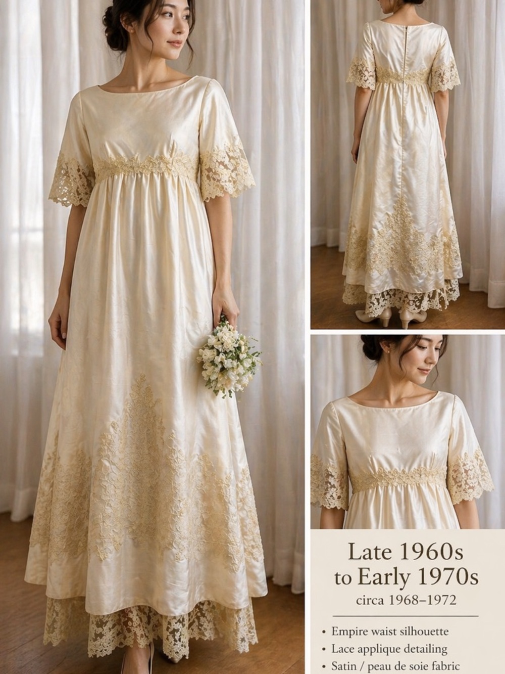 Vintage-1960-1970 Cream Lace Appliqué Empire Waist Dress